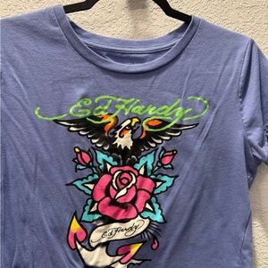 Ed Hardy Lavender Tee with Neon Green Logo and Multicolor Tattoo Art